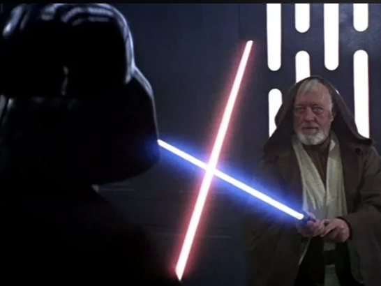 two of the characters fighting with the light sabers