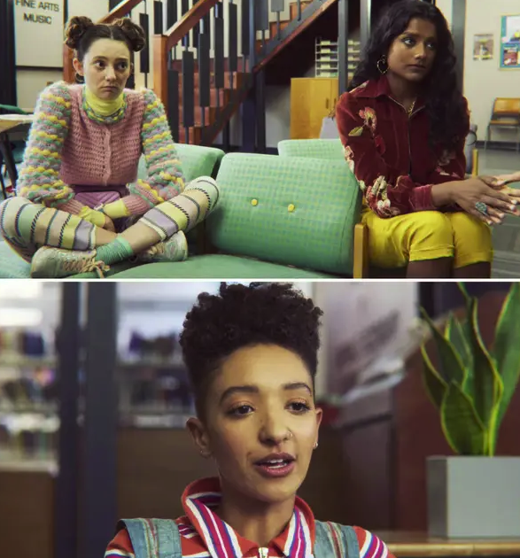 Above, Lily and Olivia sit on a couch; below, a closeup of Ola