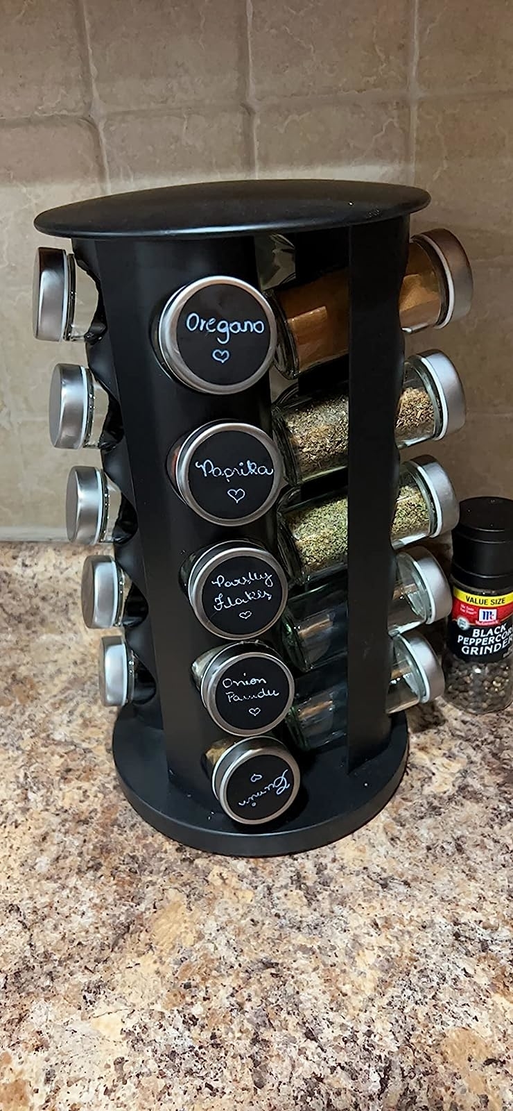 Reviewer's spice jar with labeled spices