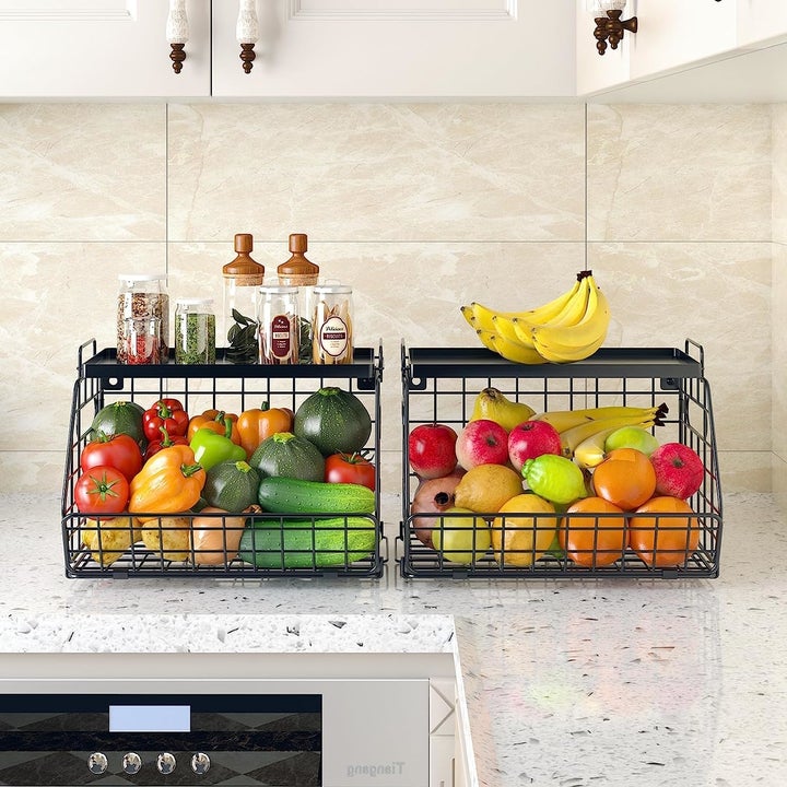 the bins side by side on countertop with fruit and veggies and spices on left top shelf