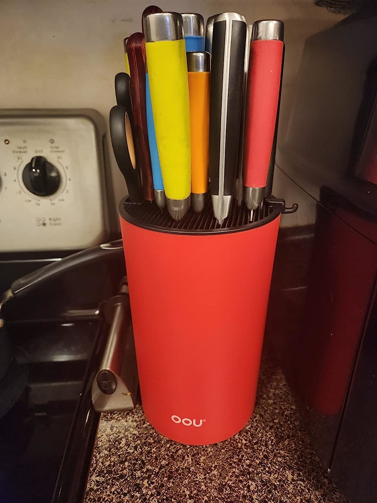Reviewer's knives in red storage block