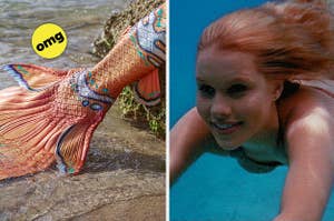 a mermaid tail on the left and emma from h2o just add water on the right
