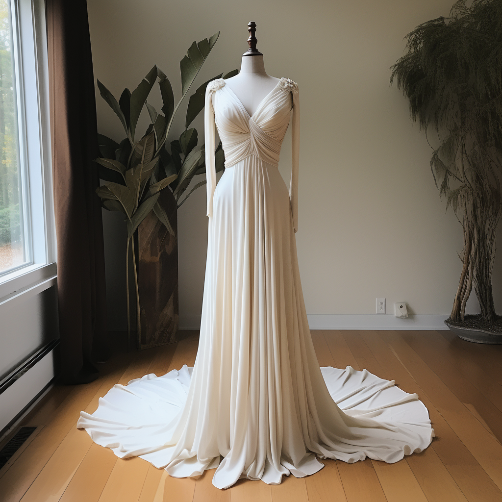 An a-line wedding dress with long sleeves and beaded details on the shoulders, a v-neck, and a wrapped bodice detail