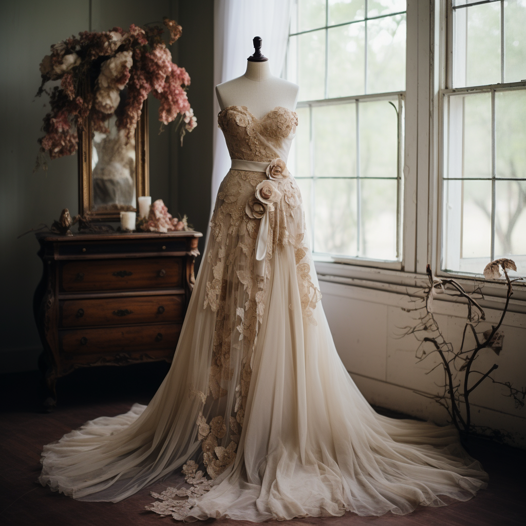 A strapless a-line wedding dress with a sweetheart neckline, floral details on the bodice that flow onto the skirt, a belt at the waist with rosettes on it, and a tulle skirt