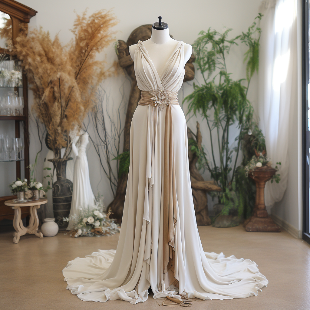 A sleeveless a-line wedding dress with a v-neck, a belt at the waist that falls down to blend with the skirt, and floral detail on the belt