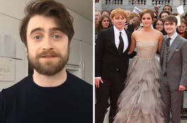 Daniel Radcliffe does an interview over webcam vs Daniel Radcliffe poses on the red carpet with Emma Watson and Rupert Grint