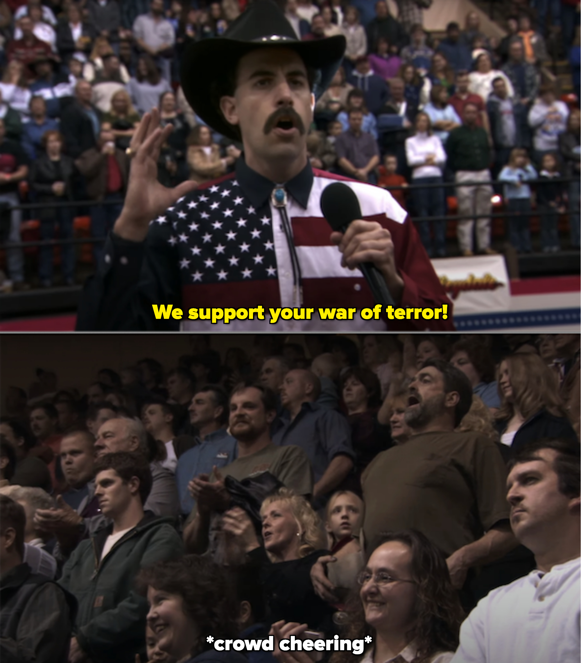 Borat in a shirt with the flag of the United States on it, singing in front of a crowd at a rodeo