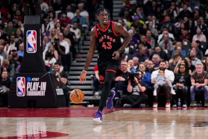 Pascal Siakam #43 of the Toronto Raptors dribbles the ball against the Chicago Bulls during the 2023 Play-In Tournament at the Scotiabank Arena on April 12, 2023 in Toronto, Ontario, Canada.