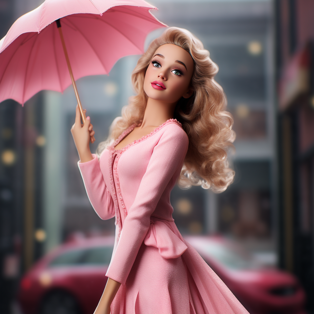 A Barbie with an umbrella