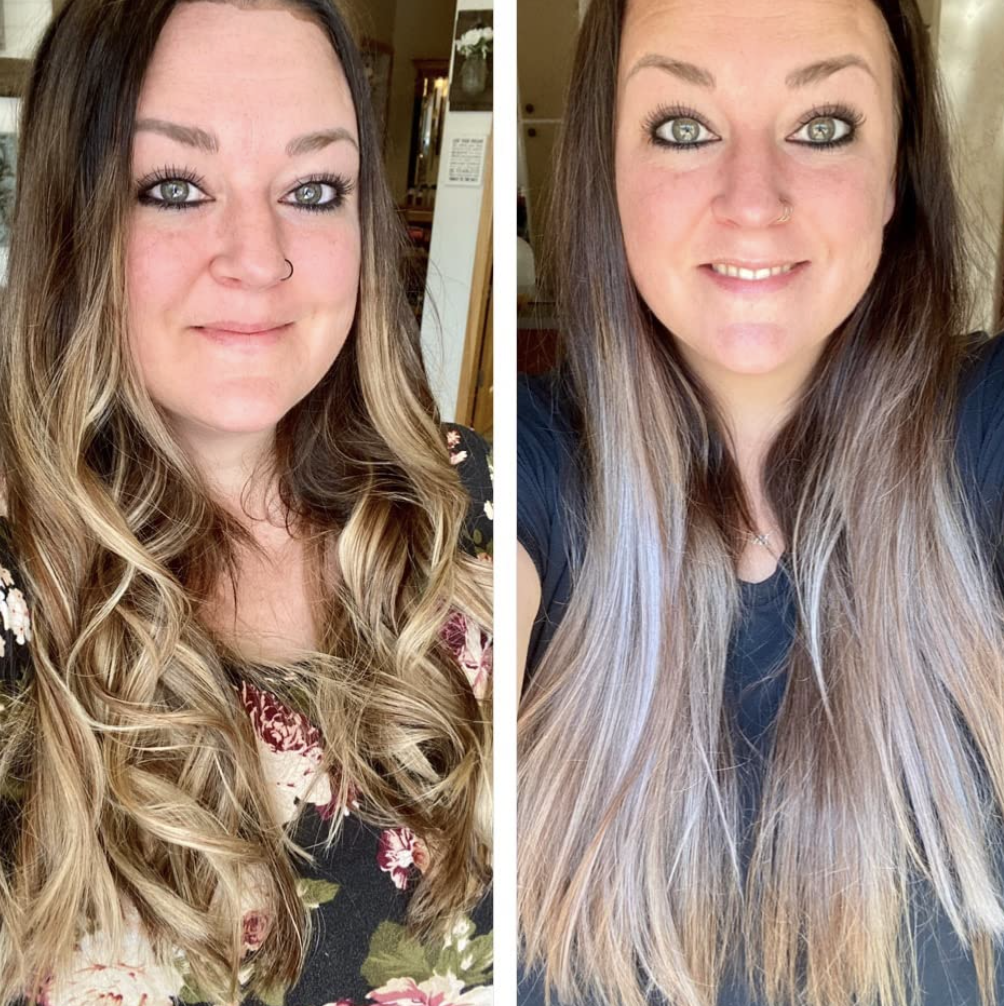 on left: reviewer with long brown hair and brassy blonde highlights. on right: same reviewer&#x27;s hair with more of a platinum appearance after using the purple shampoo