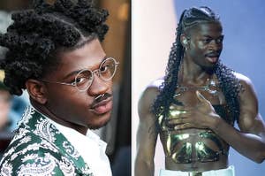 Lil Nas X poses for a photo on the street vs Lil Nas X rests his hand on his chest as he looks out at the crowd during a concert