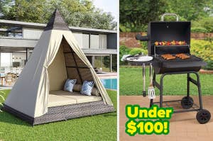 L: a rattan daybed, R: a charcoal grill and text reading "Under $100!"
