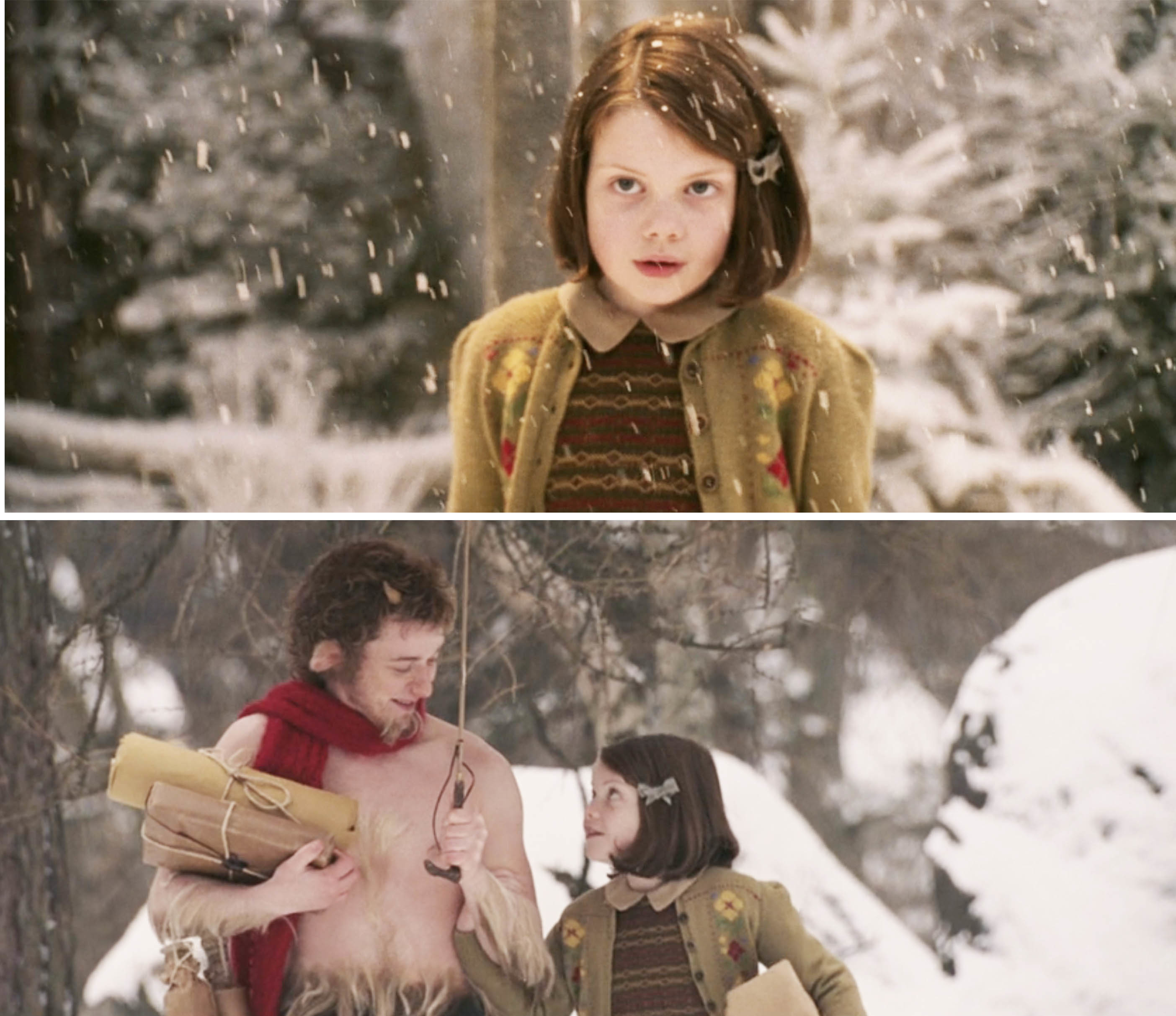James McAvoy as Mr. Tumnus and Georgie Henley as Lucy Pevensie walking through the snow in &quot;The Chronicles of Narnia&quot;