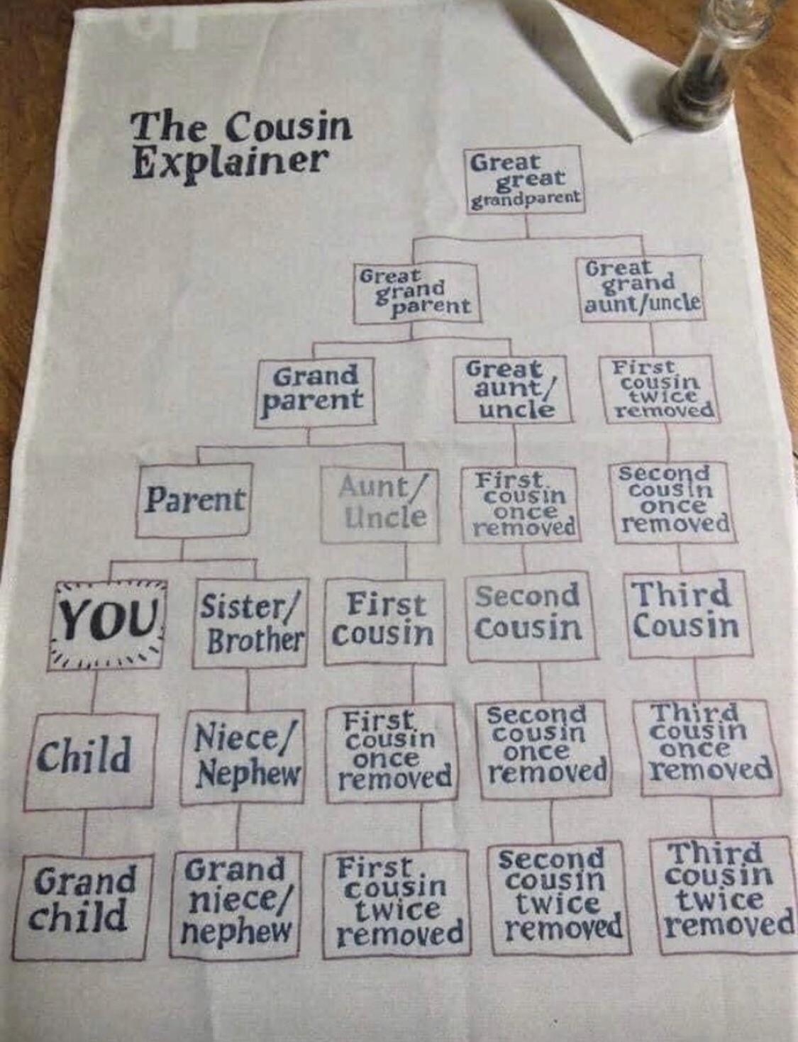 a tea towel that shows a family tree from great grand parent down to grand child with all the levels of cousins nieces, nephews, etc.