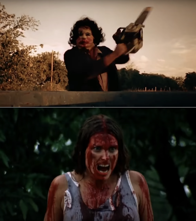 Leatherface chasing a woman down the street with a chainsaw