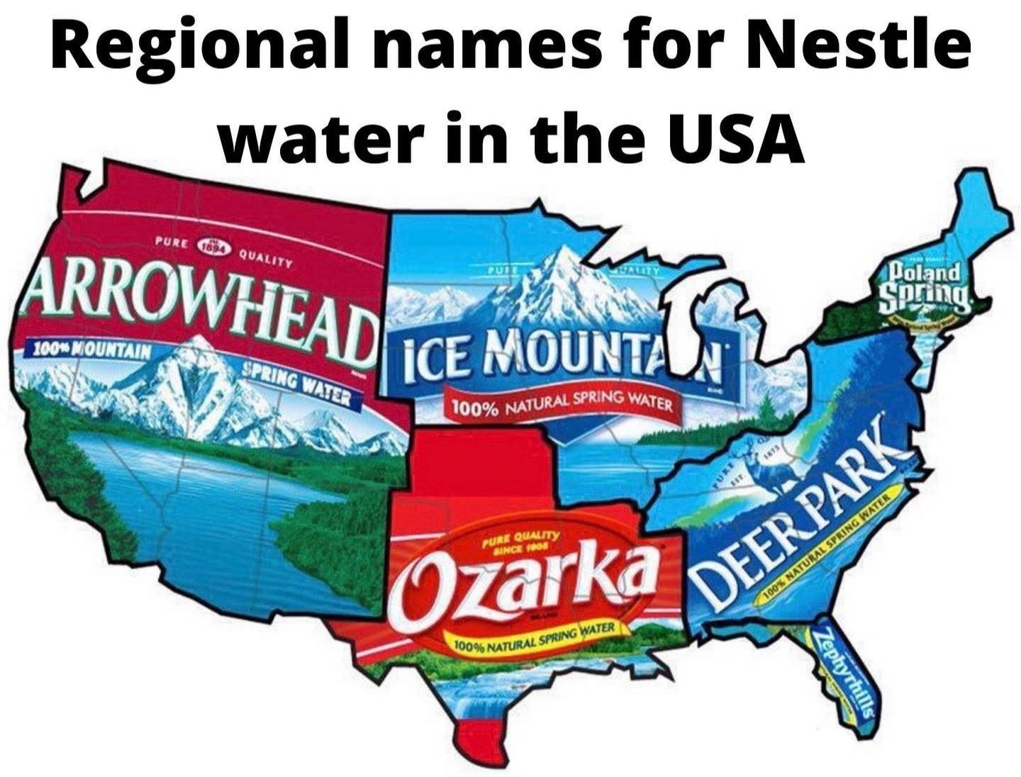 a map of the US showing  arrowhead on the west coast, ozarka in the south, ice mountain in the midwest, deer park in the southeast, and poland sprin gin the northeast
