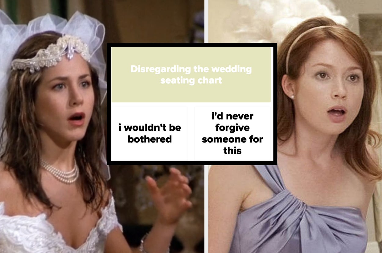 Rachel from Friends in a wedding dress next to a woman in a bridesmaid dress. 