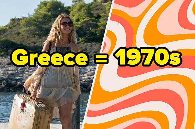 Donna from "Mamma Mia 2" and a swirly 1970s style design of orange, pink, and red.