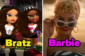 Split thumbnail featuring animated two bratz dolls and live action barbie staring happily through sunglasses
