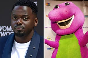 Daniel Kaluuya poses on the red carpet vs Barney smiles with his hands gestured towards a crowd