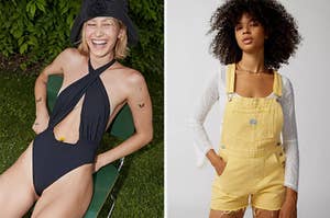 on left: model wearing black criss-cross halter one-piece swimsuit. on right: model wearing yellow Levi's short overalls and a lace white top