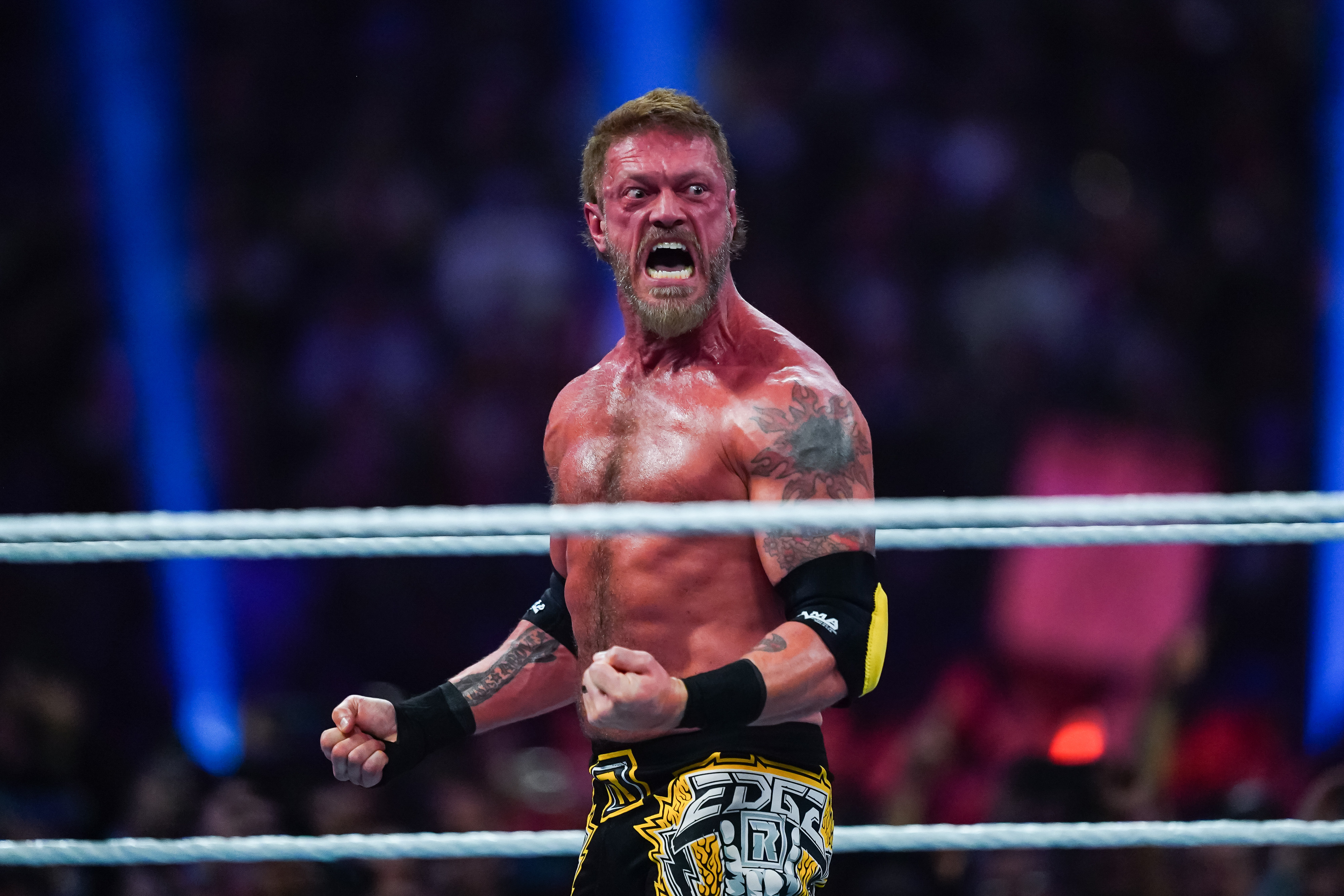 Edge reacts during WWE Royal Rumble at the Alamodome on January 28, 2023 in San Antonio, Texas