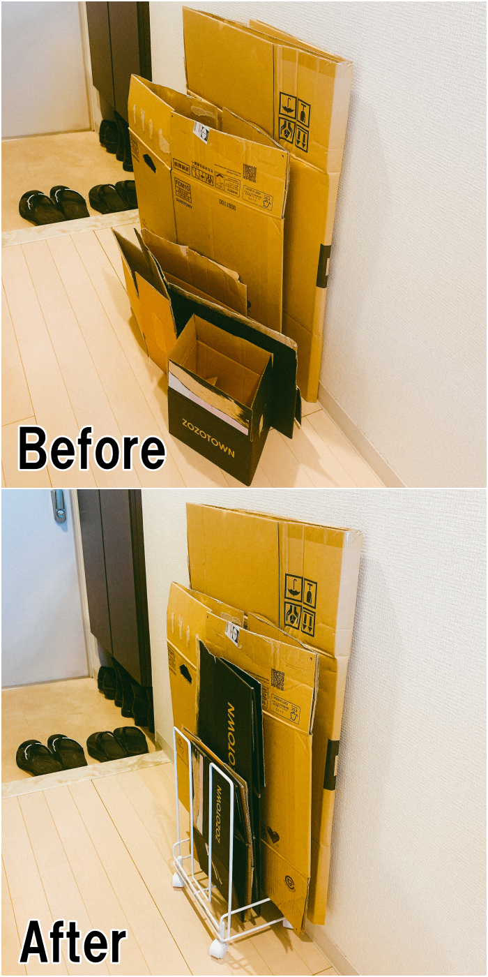 ニトリのおすすめの便利アイテム「段ボールストッカー（そのまま結束できるキャスター付 WH）」