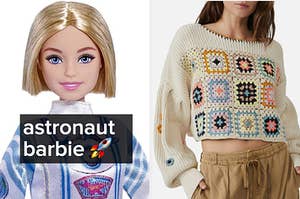 astronaut barbie on the left and a knit sweater on the right