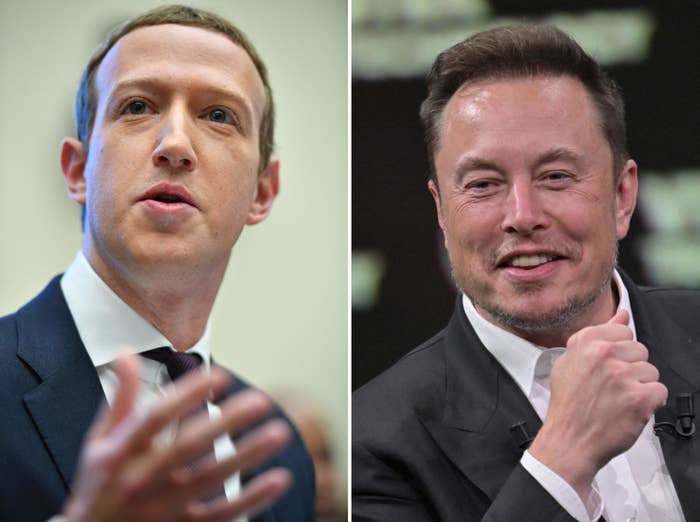 Close-ups of Mark Zuckerberg on the left and Elon Musk on the right