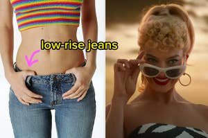 low rise jeans on the left and margot robbie as barbie on the right