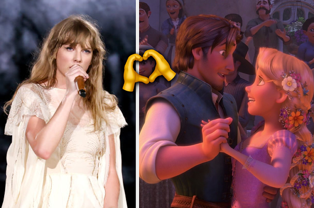 taylor swift on the left and rapunzel and flynn dancing on the right