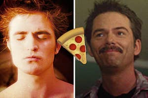 edward on the left and charlie on the right with a pizza emoji in between them