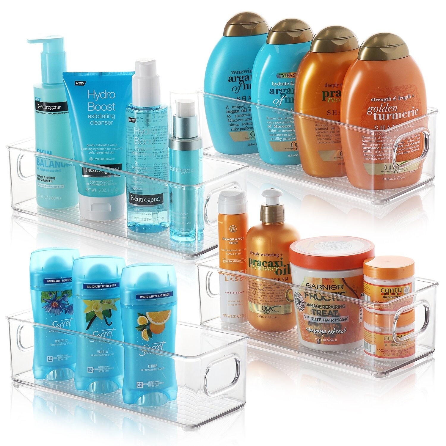 the clear storage containers with handles holding various items