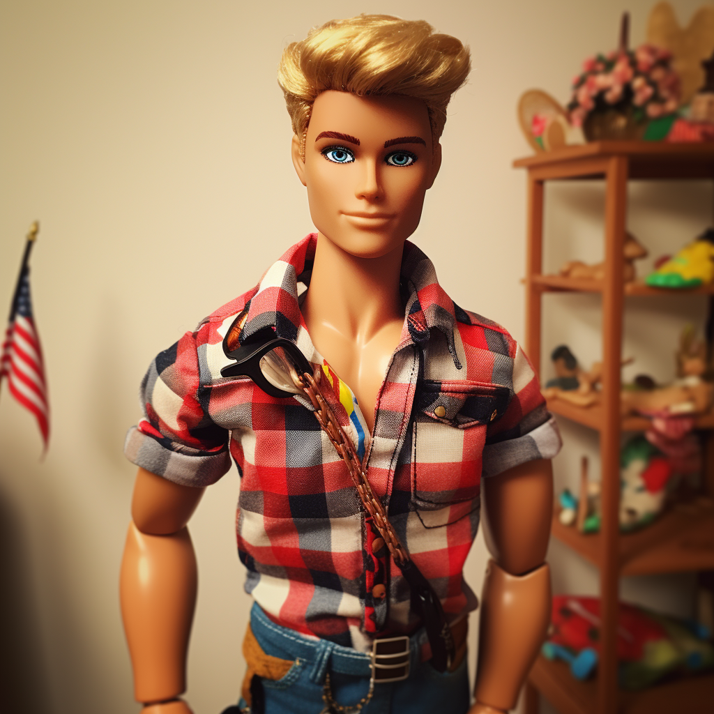 Blonde Ken wearing a plaid shirt with rolled-up sleeves and jeans