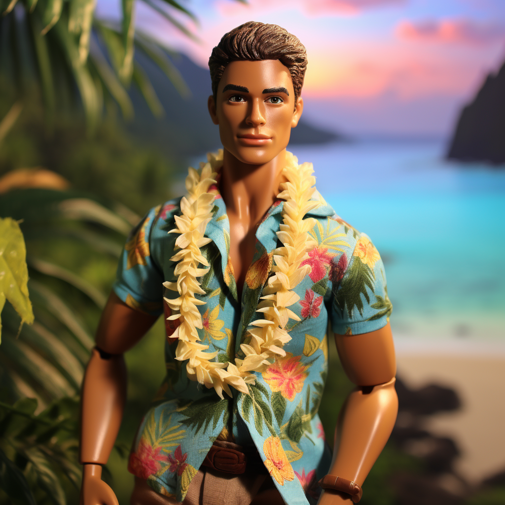Ken wearing a short-sleeved, floral-print shirt and lei