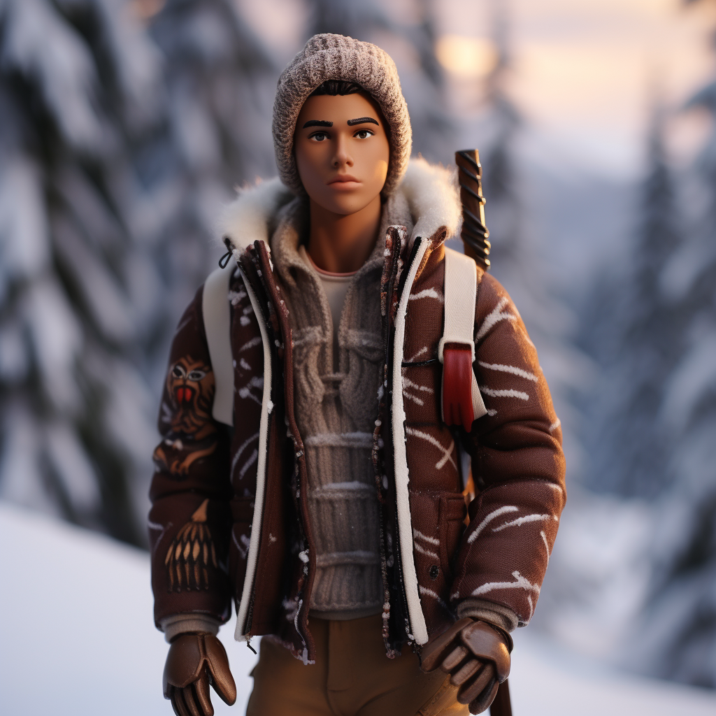Ken with knit hat, gloves, sweater, and jacket with hood