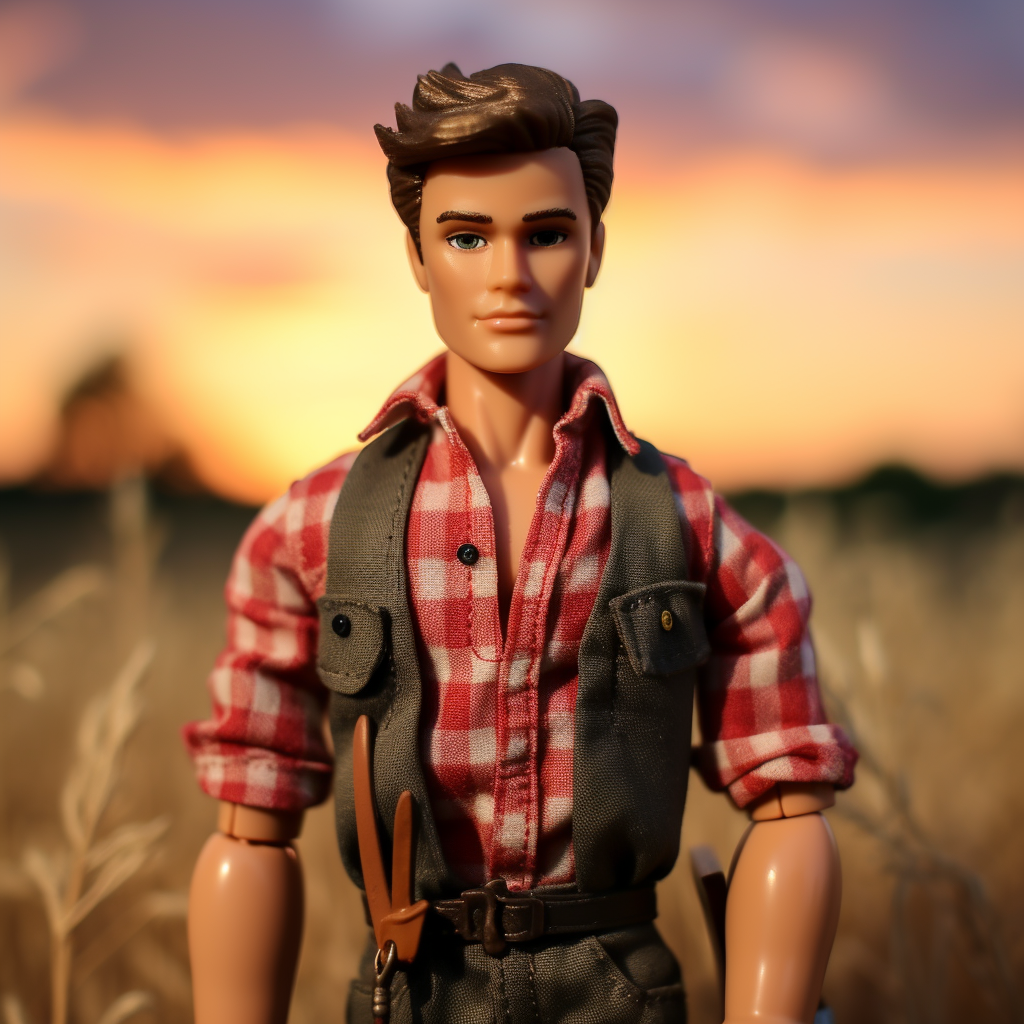 Brunette Ken wearing a plaid shirt with rolled-up sleeves and suspenders