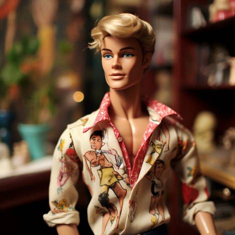 Blonde Ken with print shirt with drawn figures on it