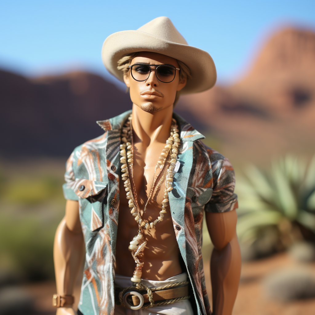 Ken with sunglasses, a brimmed hat, short-sleeved print open shirt, bare chest, and long, thick stone necklaces