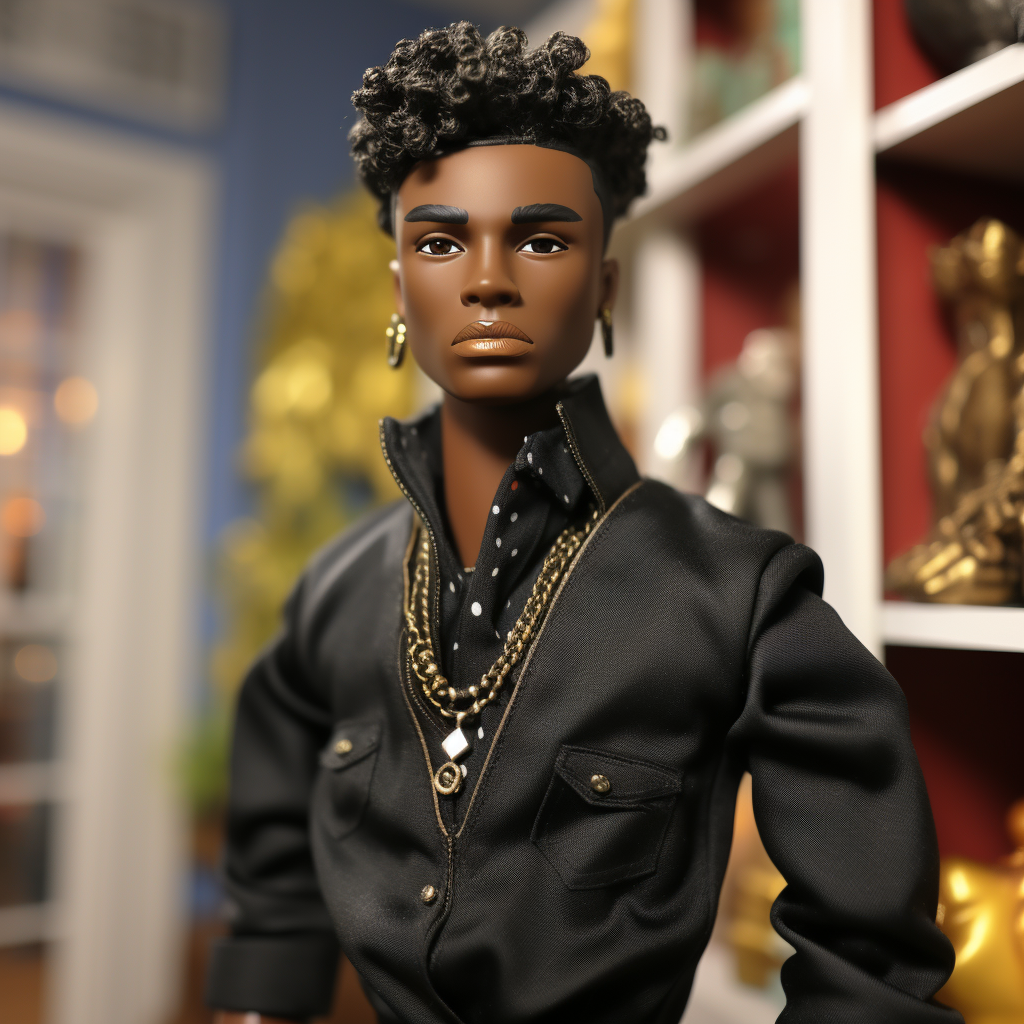 Black Ken with jacket, earrings, and necklaces
