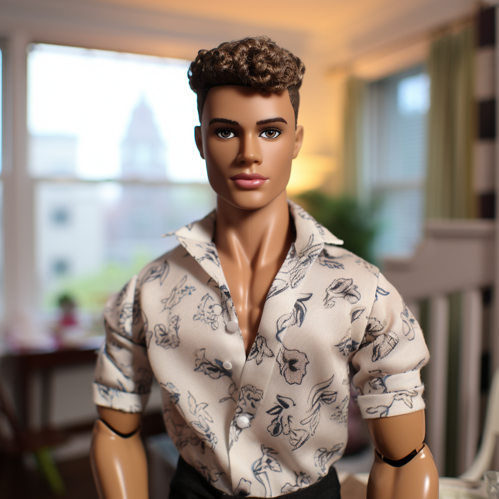 Brunette Ken wearing a print shirt with rolled-up sleeves