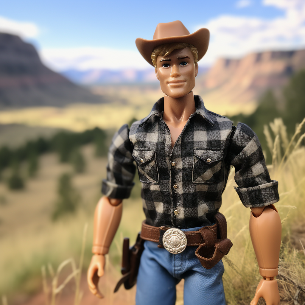 Blonde Ken with wide-brimmed hat, plaid shirt, thick leather belt, and jeans
