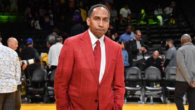 Stephen A. Smith attends a playoff basketball game between the Los Angeles Lakers and the Golden State Warriors