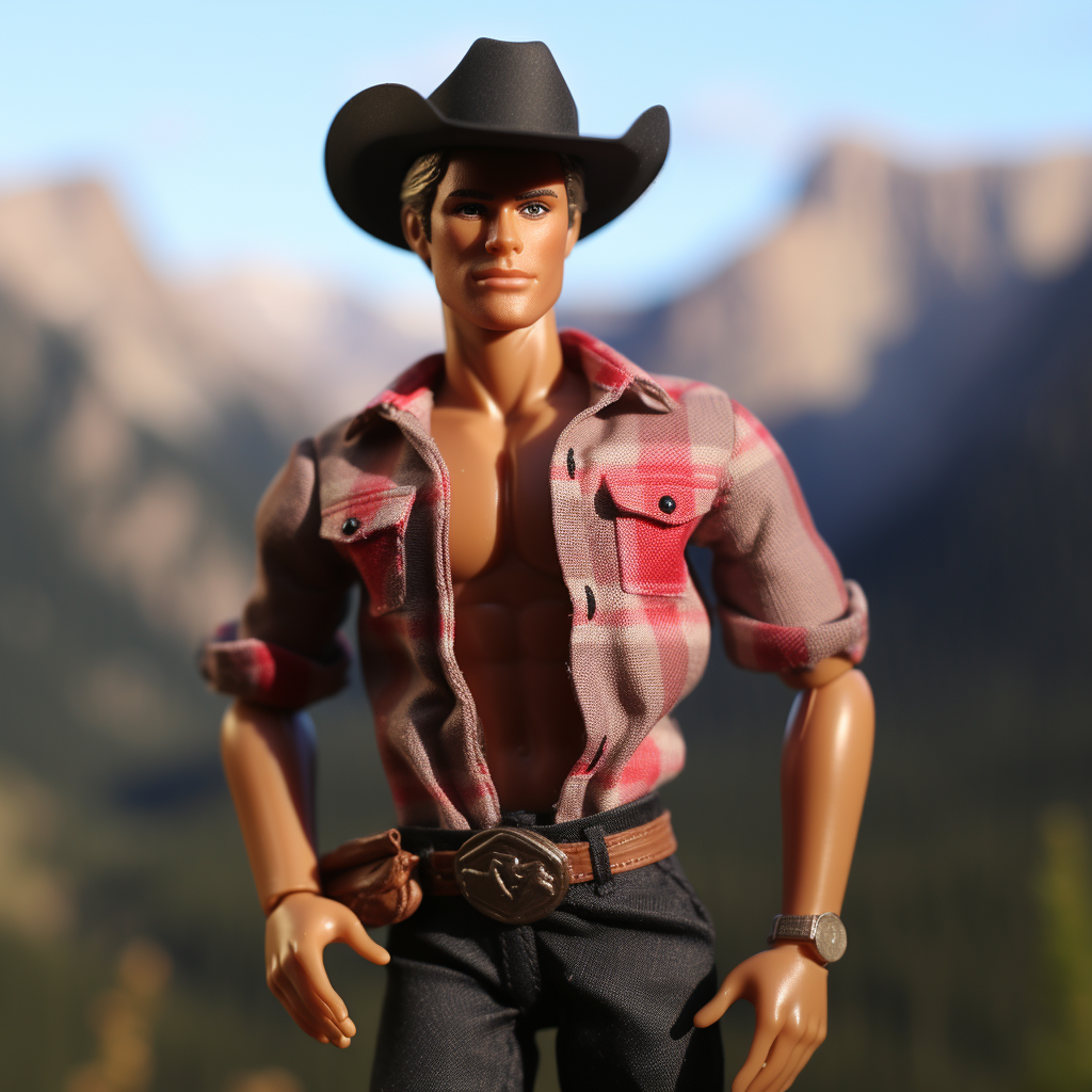 Brunette Ken wearing a wide-brimmed hat, plaid open shirt with rolled-up sleeves, showing a bare chest, and jeans with a leather belt
