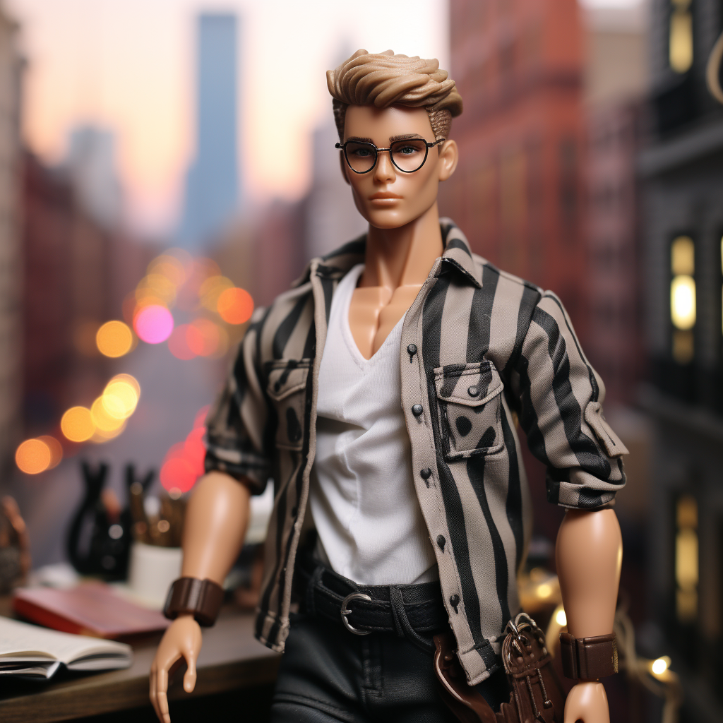 Blonde Ken wearing glasses, a striped sweater with rolled-up sleeves, and V-neck shirt underneath