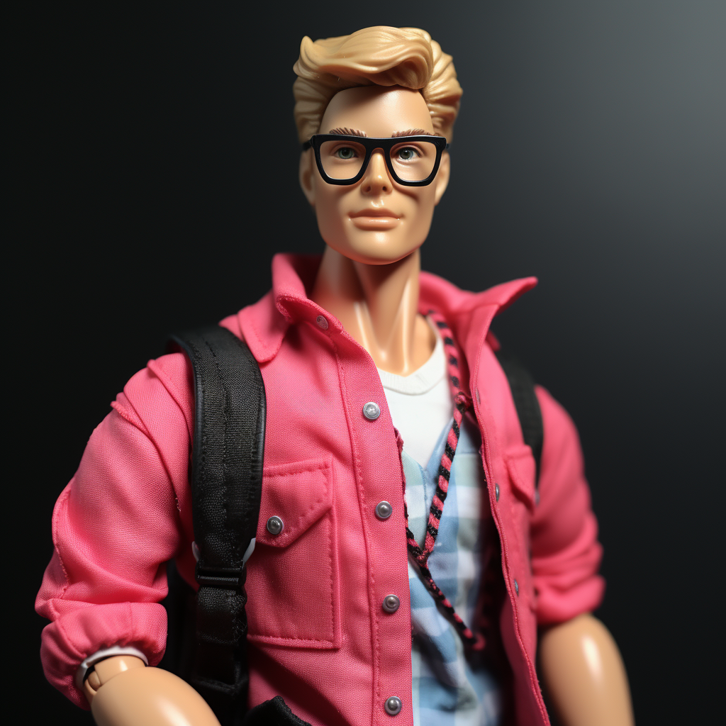 Blonde Ken wearing glasses, a jacket with rolled-up sleeves, and a T-shirt