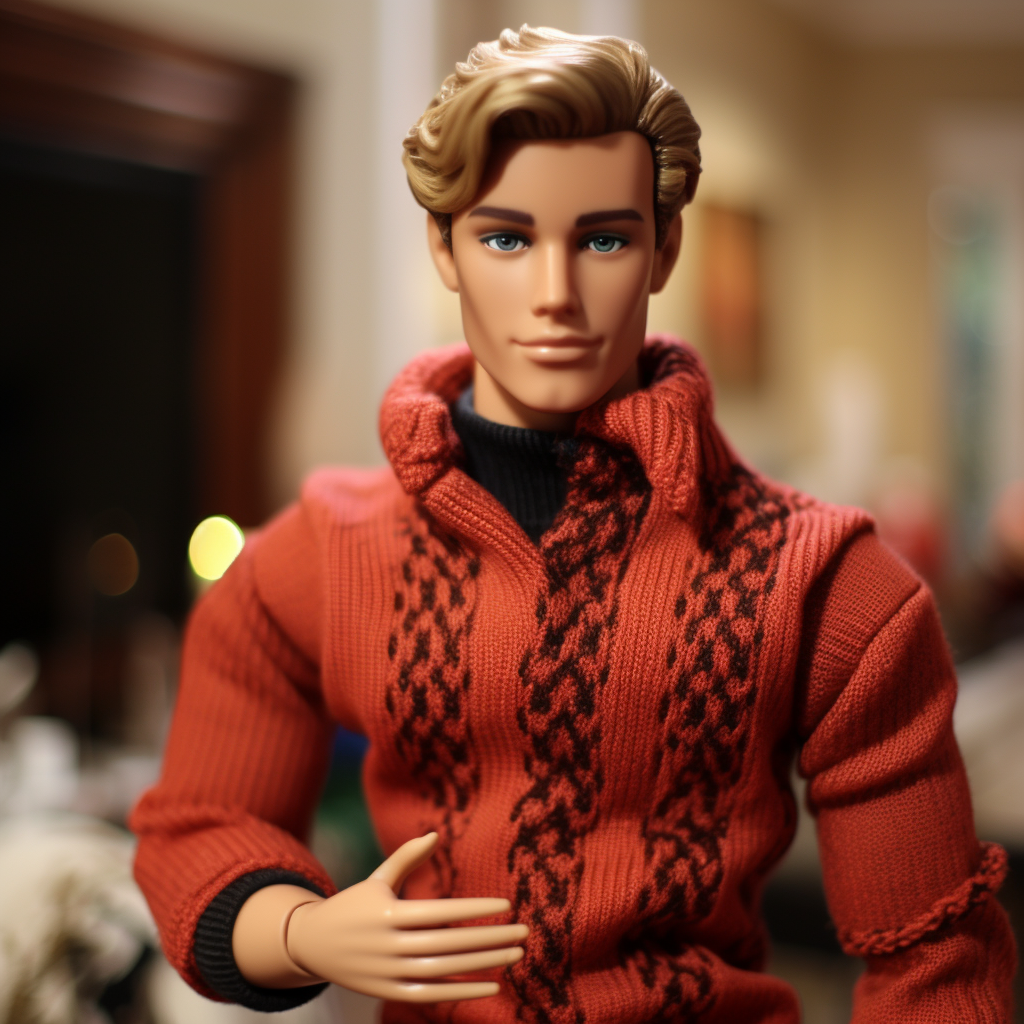 Blonde Ken wearing a thick knit sweater