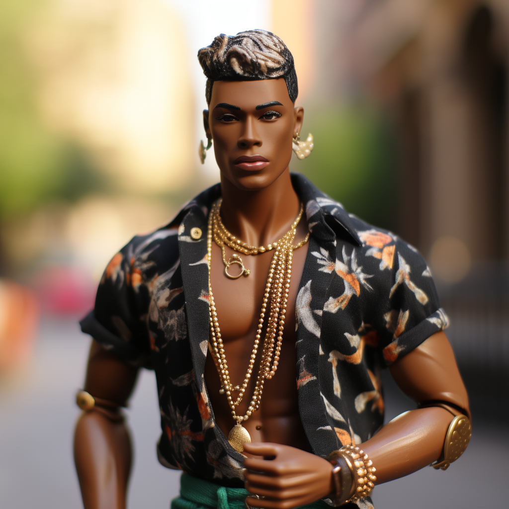 Black Ken wearing bead earrings, many long bead necklaces and several bead bracelets, and a knit open shirt showing a bare chest