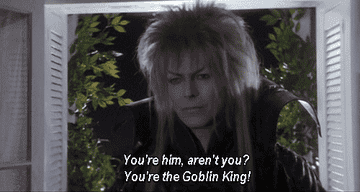 The Goblin King coming through a window as someone says &quot;You&#x27;re him, aren&#x27;t you? You&#x27;re the Goblin King!&quot;
