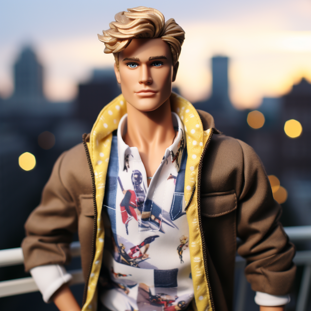 Blonde Ken wearing a print shirt and a jacket